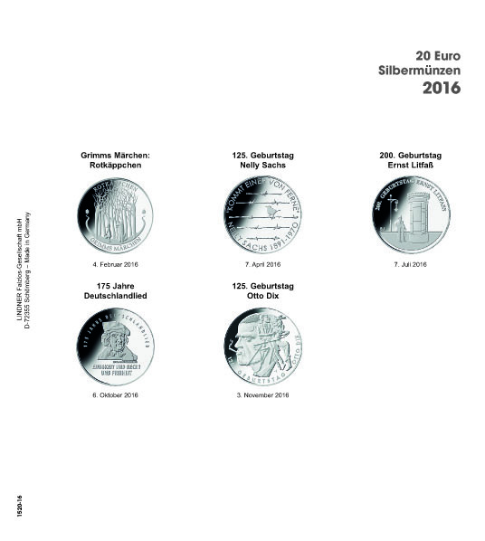 Lindner Vordruckblatt für 20€ Silbermünzen Deutschland 2016 Nr. 