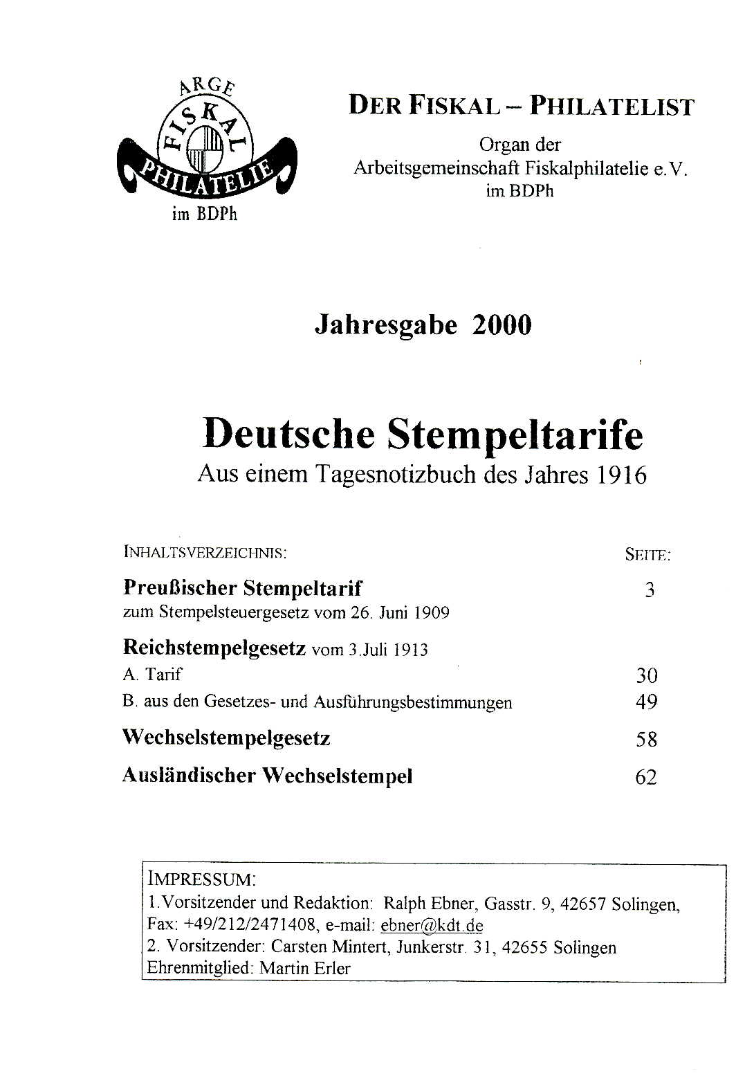 ArGe Fiskalmarken: Deutsche Stempeltarife 1916 Auflage 2000