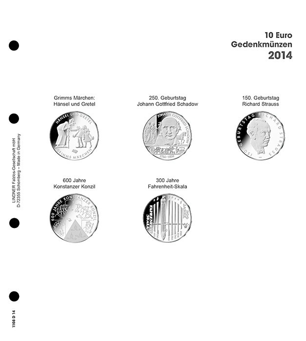 Lindner Vordruckblatt 10€ Gedenkmünzen 2014 Deutschland Nr. 1108