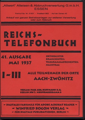 Reichs-Telefonbuch. 41. Ausgabe, Berlin 1937, 3 Bände als digita
