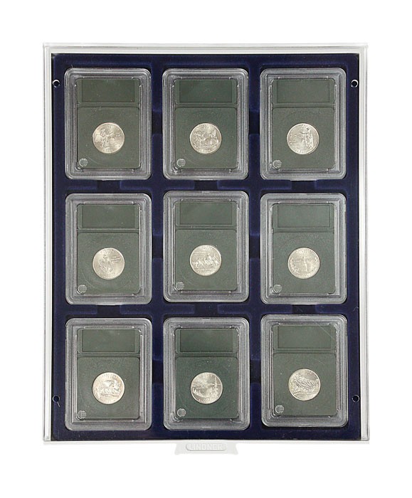 Lindner Münzenbox mit 9 rechteckigen Vertief. 64x86mm Nr. 2219M 