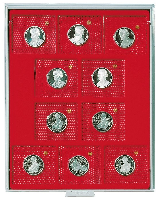 Lindner Münzenbox mit 10 rechteckigen Vertief. Nr. 2609 Rauchgla