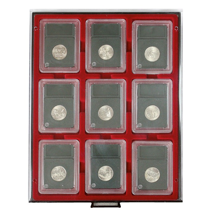 Lindner Münzenbox mit 9 rechteckigen Vertief. 64x86mm Nr. 2619 R